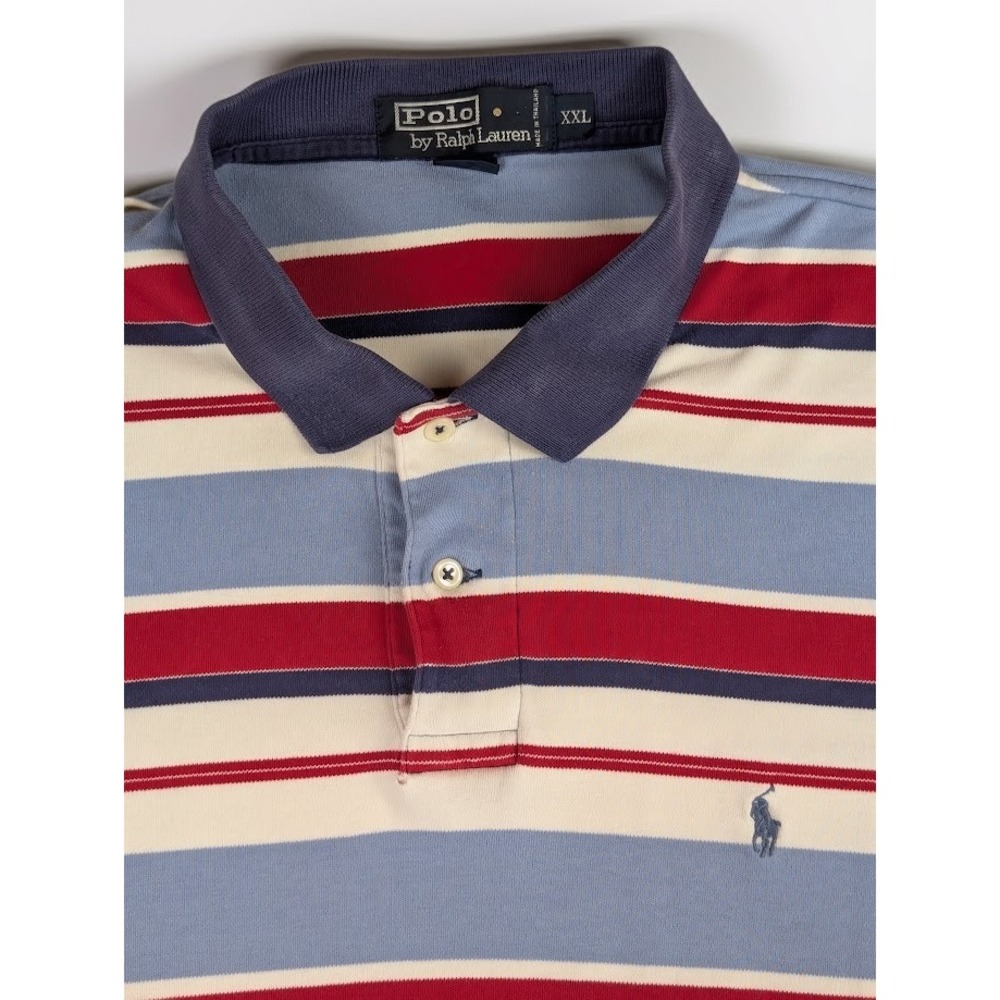 VTG Polo Ralph Lauren Striped Polo Shirt Men's XXL Red White Blue Short Sleeve
